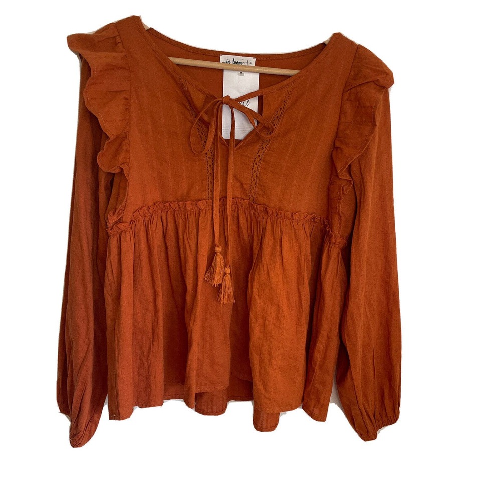 NWT In Loom Long Sleeve Tunic Ruffle Blouse Casual Tassel Boho Rust Women Small